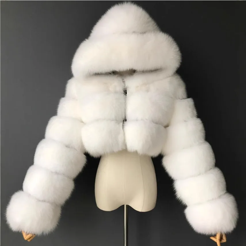 レディース用大型ジッパーフォックスファーコート、超ショートスプライシングフード付きエコフレンドリーファーコート