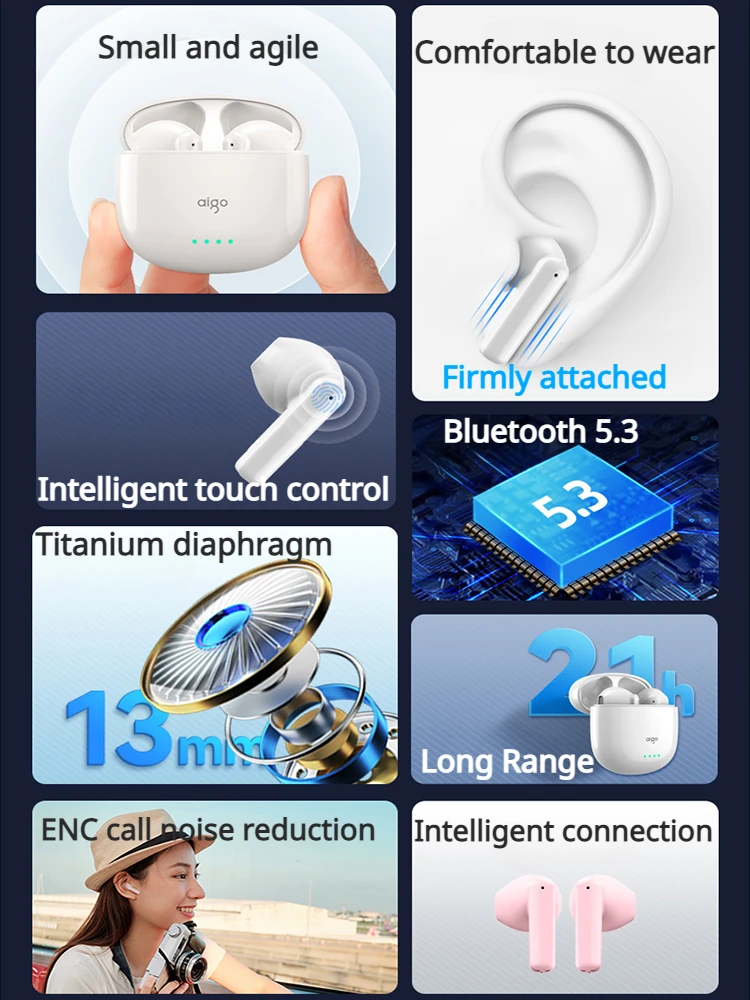 Aigo TA70 True Wireless Bluetooth Headset In Ear ENC Noise Reduction 5.3 Bluetooth Headphones Type-c Charging for iPhone Huawei