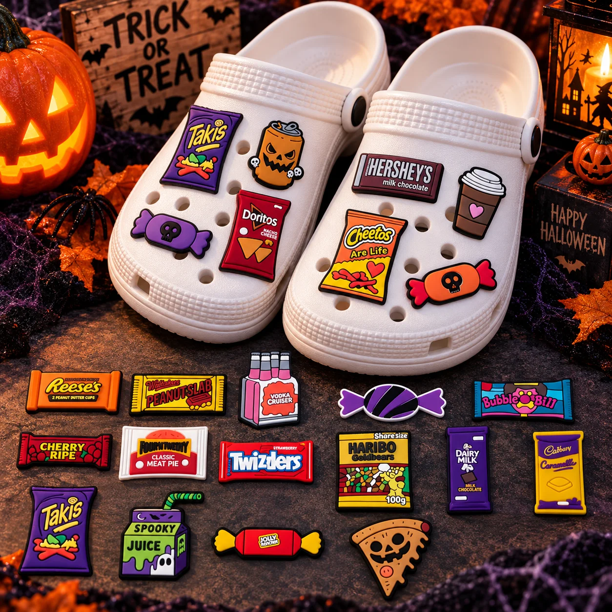 1/25PCS Halloween Snack Shoe Charms Set Candy Chip Bag PVC Pins for Clogs Chocolate Spooky Party Accessories Gift for Teens Kids