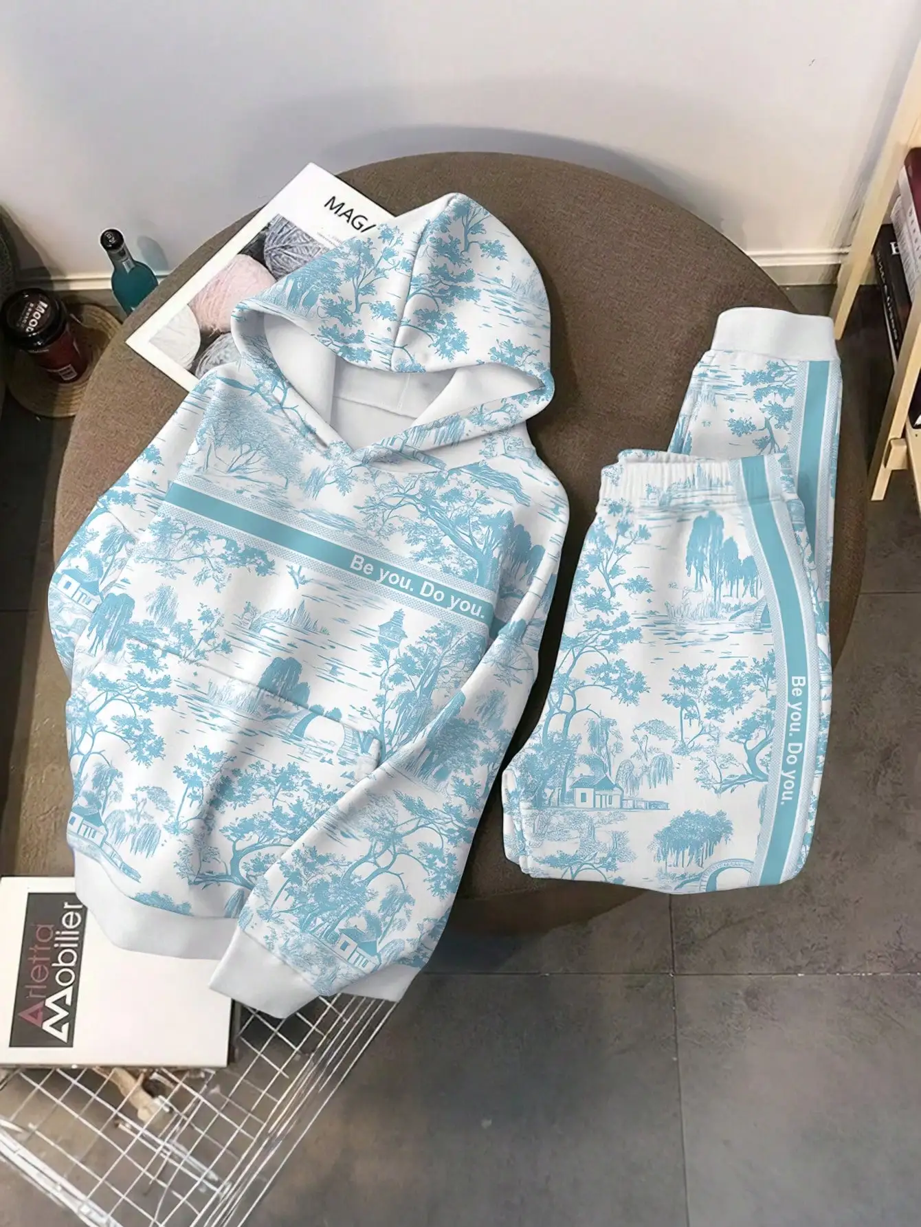 Conjunto de Moletom e Calça Jogger Feminino com Estampa Vintage de Paisagem Be You Do You para Outono Inverno Casual