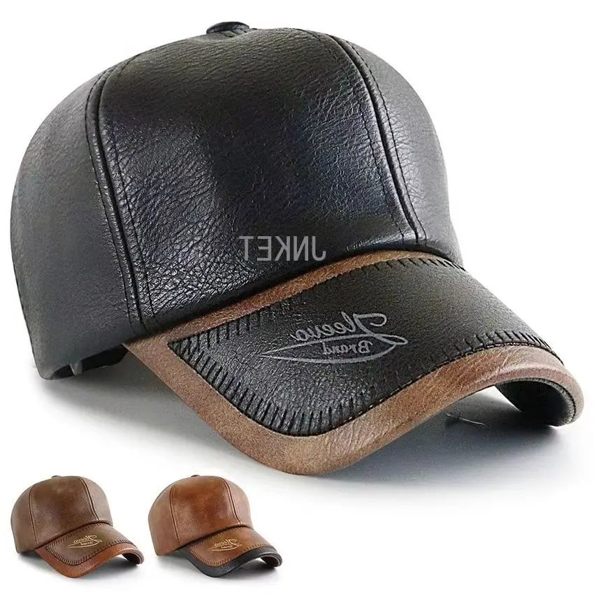 Autumn Winter Washed PU Leather Men Splicing Baseball Cap Warm Snapbacks Hats Waterproof Windproof Hat