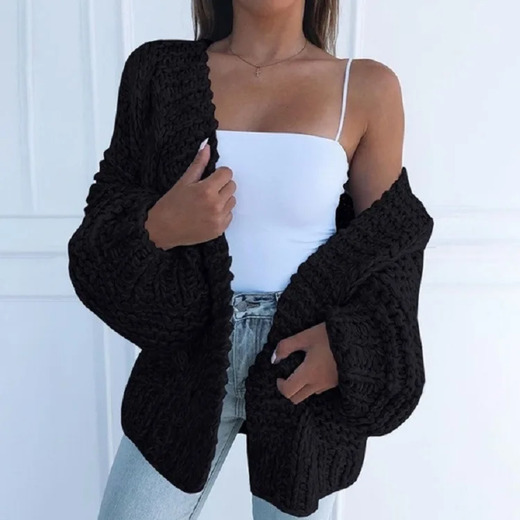 Women's cardigan knitted sweater long sleeved loose autumn and winter sweater three needle sweater