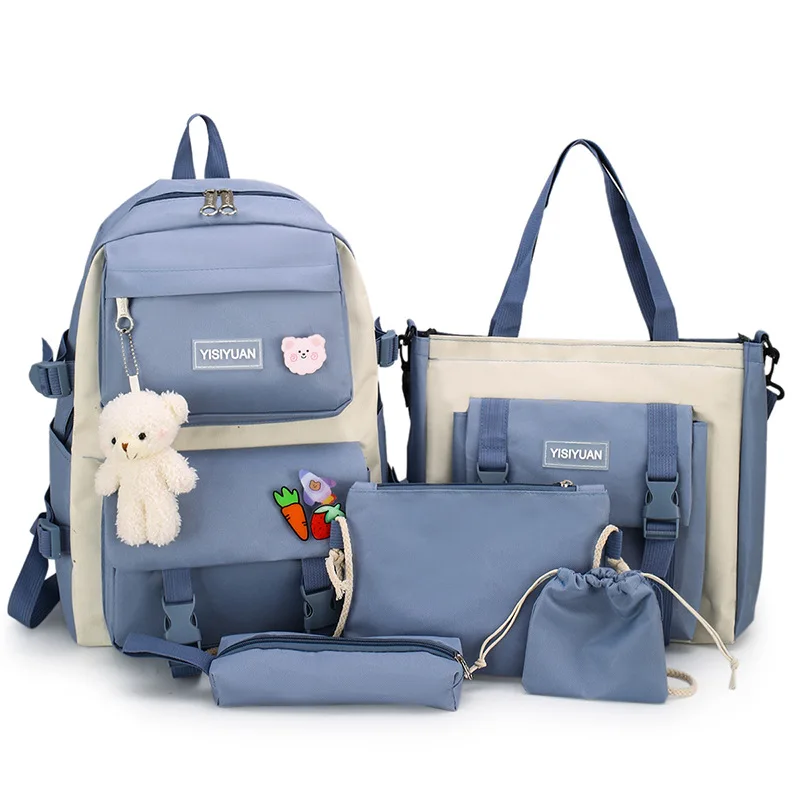 Student Mode 5/pce Set Schul Mädchen Einfache Kinder Rucksack Farbe Blockieren Wirbelsäule Schutz Große Kapazität Koreanische Version