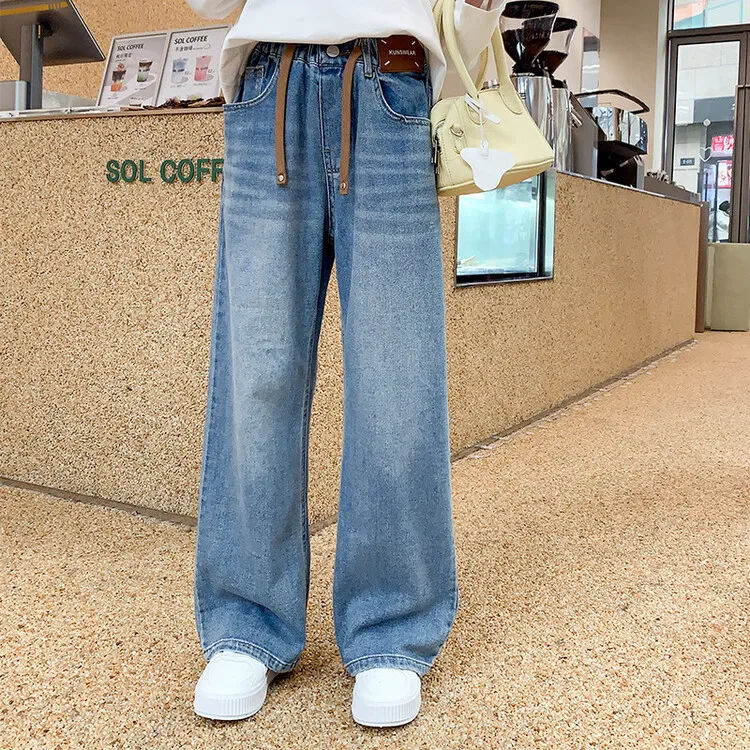 2025 جديد جينز بناتي عالي الجودة عتيق من قماش الدنيم بنطال ذو قصة أرجل واسعة ملابس أطفال بناطيل متينة غير رسمية لملابس المراهقين