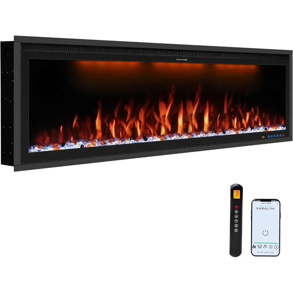 60'' WiFi- Enabled Electric Fireplace Inserts - Alexa Control, Slim Recessed & Wall Mounted,  Flame Color Combinations, Black