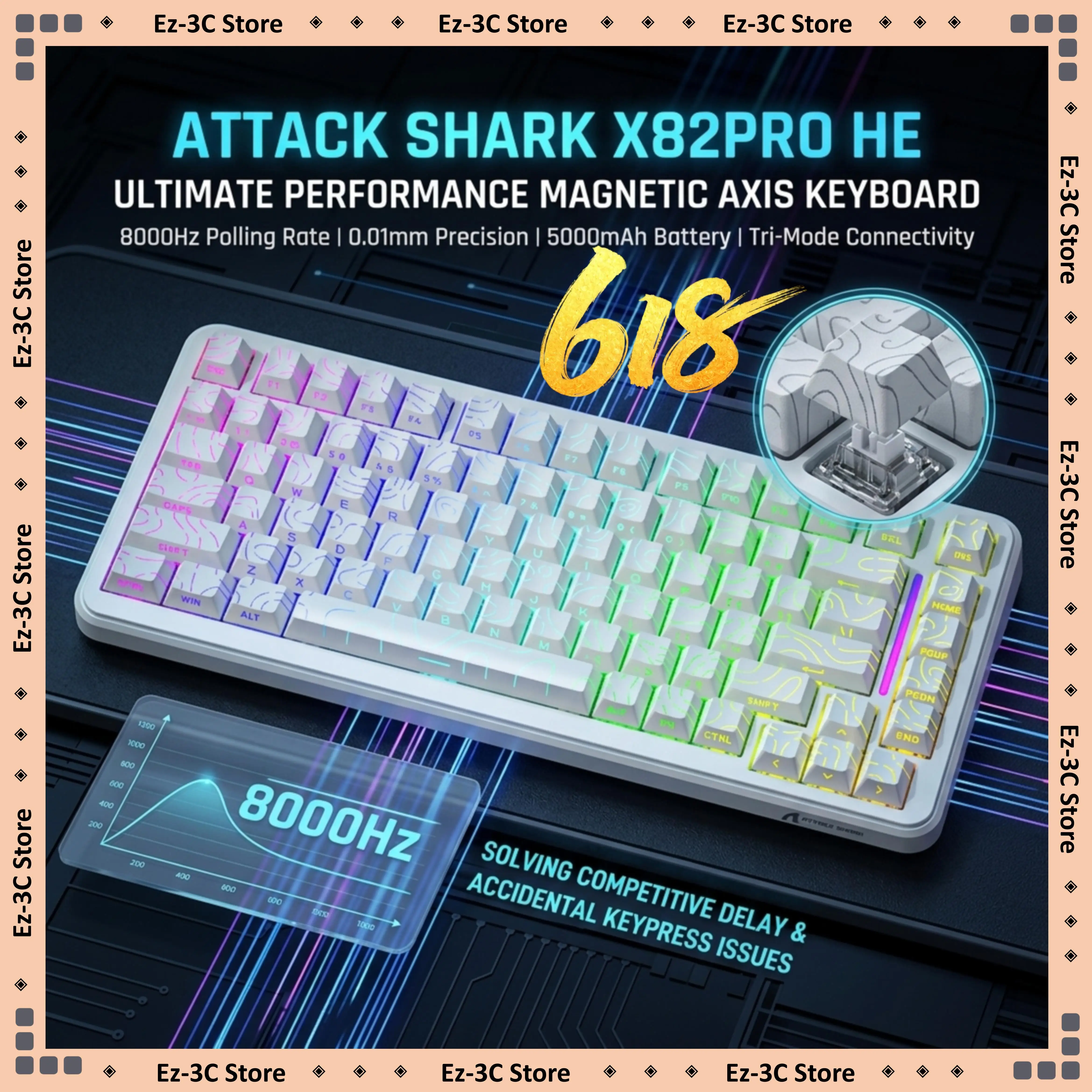 

Attack Shark X82PRO HE Tri-Mode Keyboard PBT Double Shot&Sublimation Keycap 8000HZ Wired Polling 0.01mm Switch Precision RGB