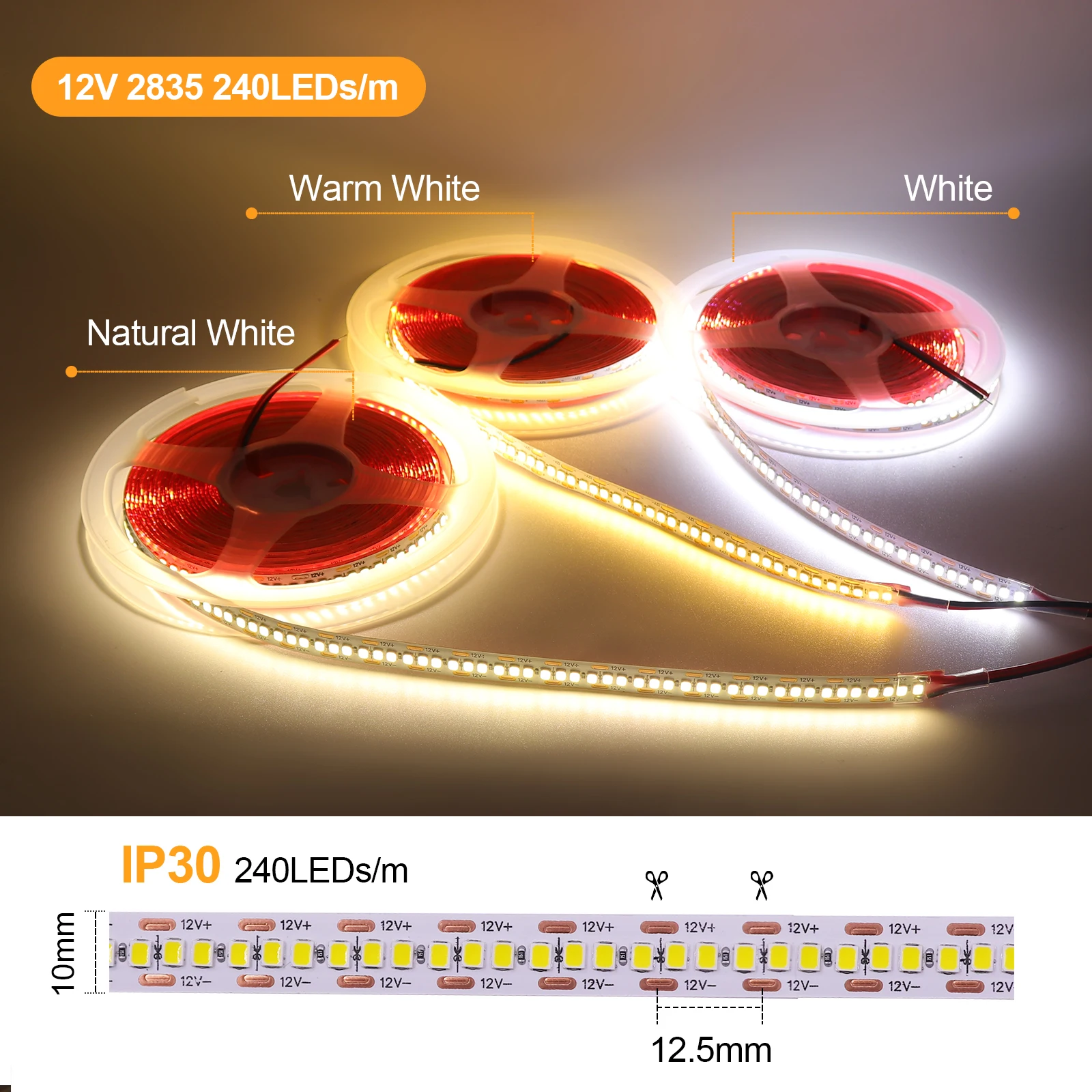 12V 24V LED Strip Light 2835 240LEDs Flexible LED Tape Waterproof LED Ribbon White Warm Natural Orange Ice Blue Green Red 5M