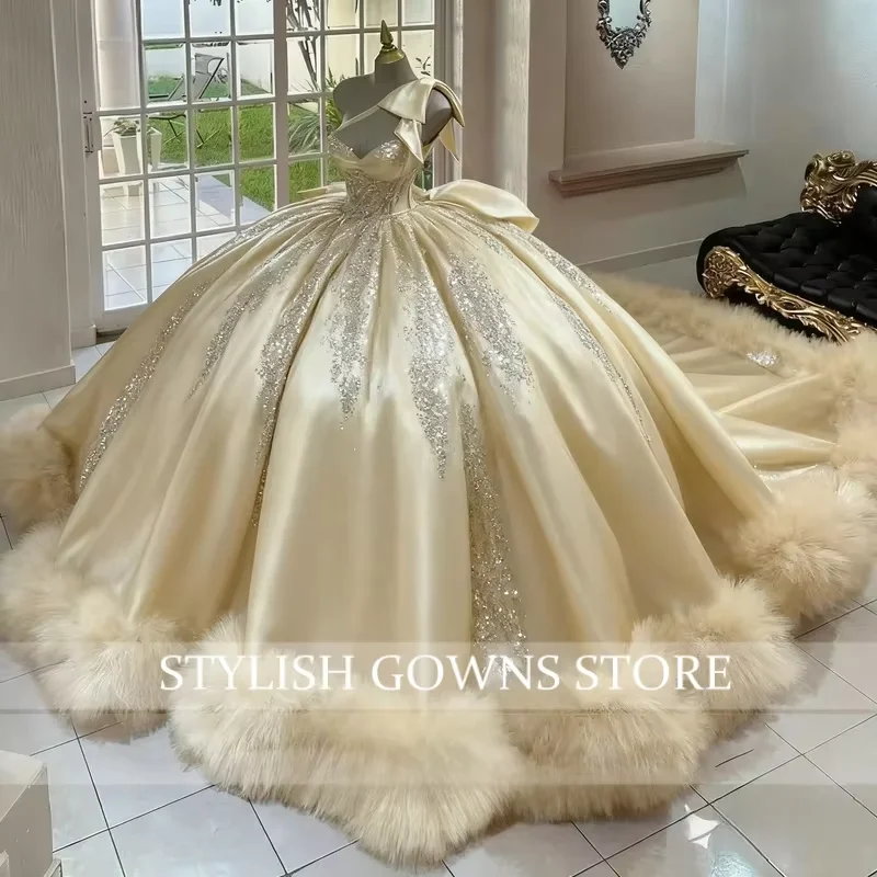 

Champagne Quinceneara Dress Ball Gown Dresses for 15 Years Old Bow One Shouder Lace Layered Cut-out Customized Plus Size