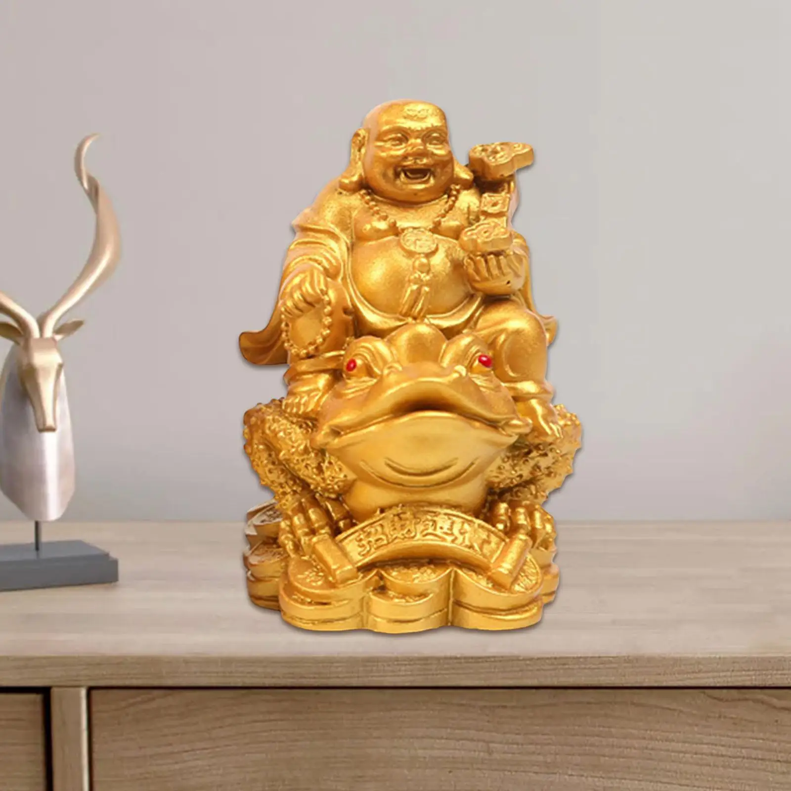 

Laughing Buddha Money Fortune Wealth Lucky Chinese Golden Frog Toad for Tabletop