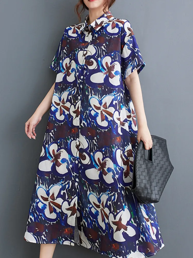 #3902 Summer Vintage Flower Printed A-line Midi Dress Women Turn-down Collar Ladies Dresses Short Sleeve Loose Korean Fashion