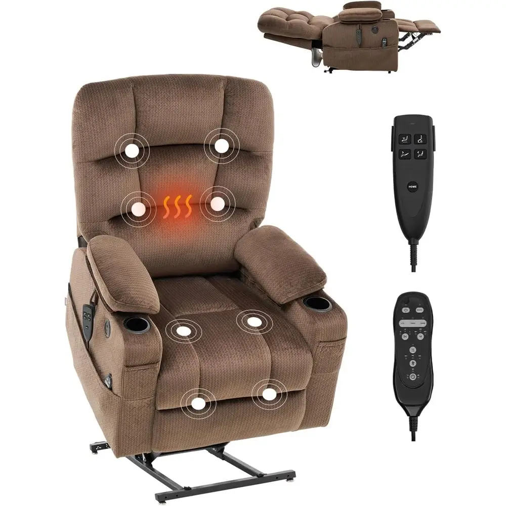 Dual Motor Recliner with Heat, Massage, and USB Port - Large Brown