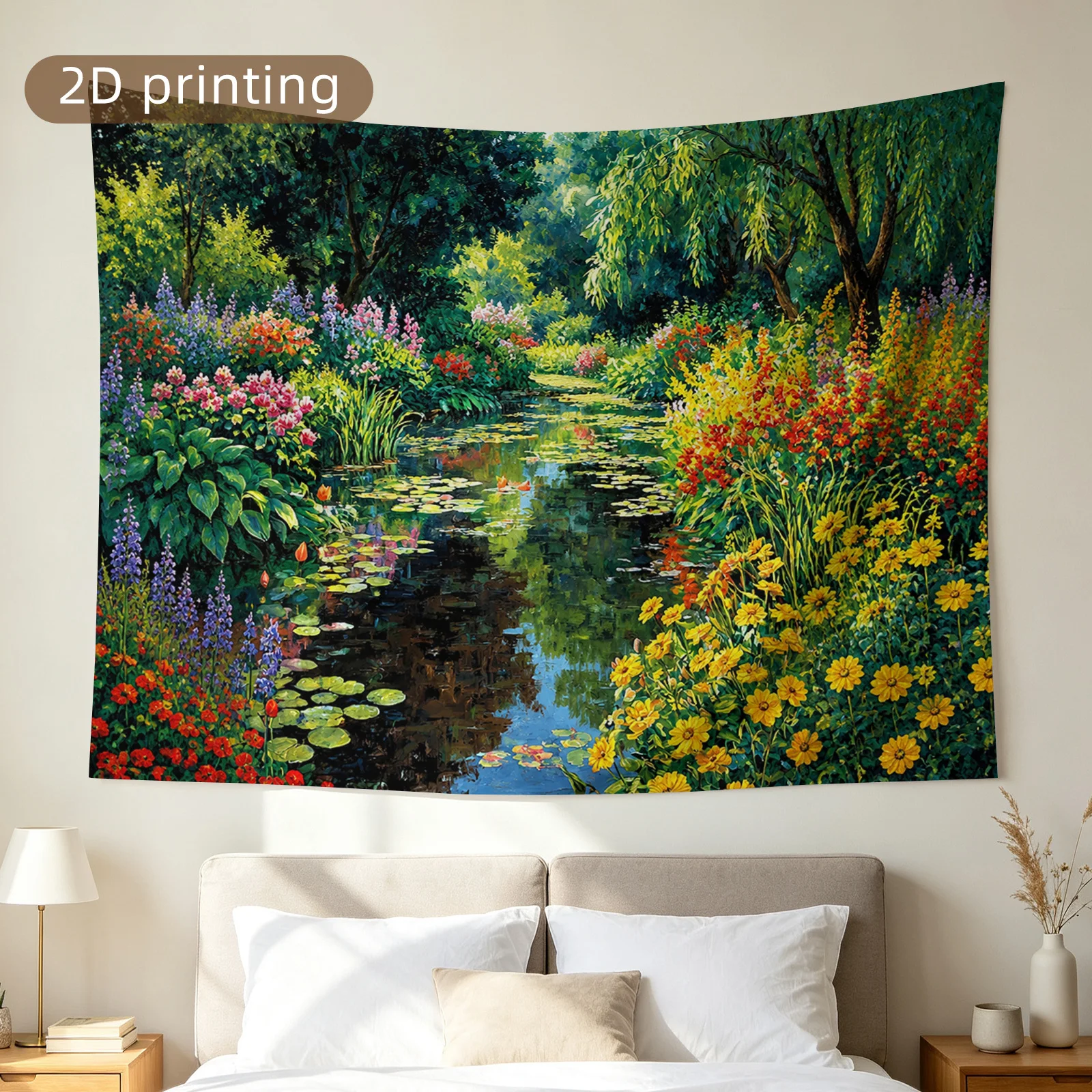 High Resolution Nature Landscape Tapestry Wall Hanging Digital Print Floral Garden Pond Scene Bohemian Style Artwork Room Decor
