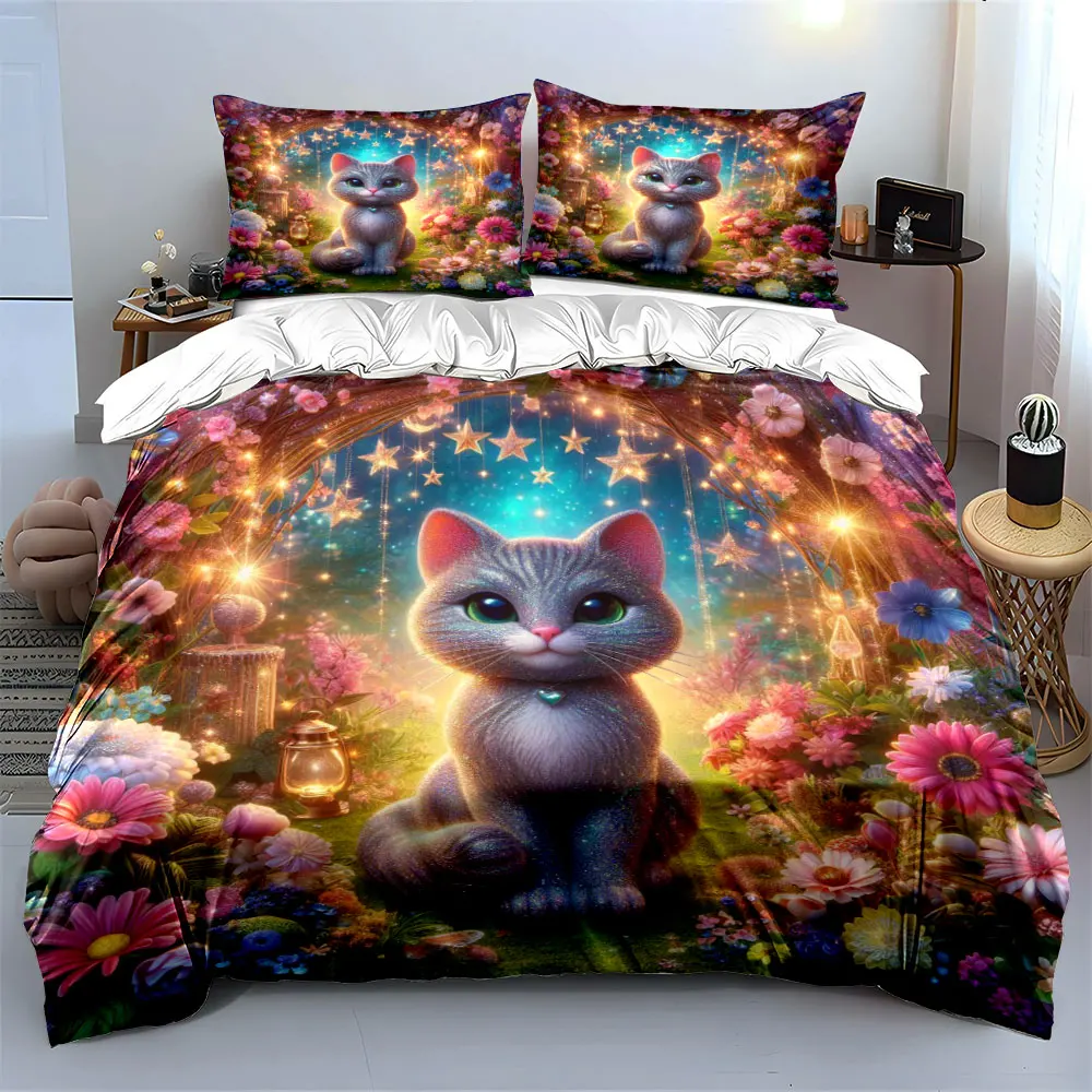 3pcs Sparkling Cat in Enchanted Garden Duvet Cover Set with 3D Printing Design Soft Polyester Bedding Set All-Season Comfort