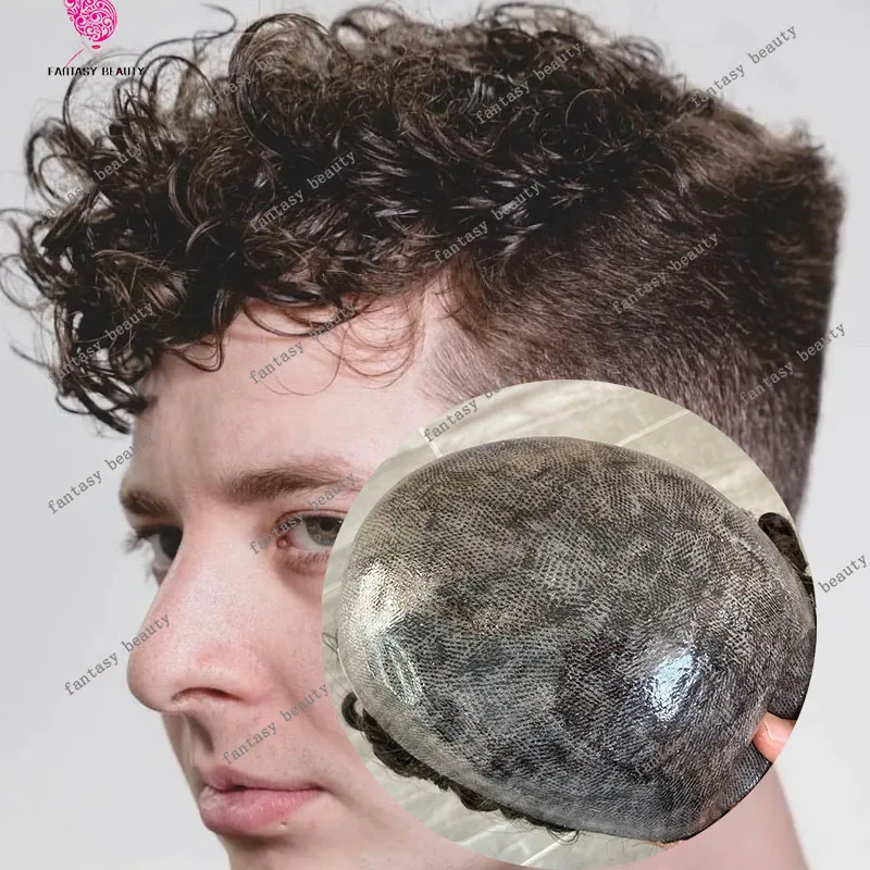 

20 мм вьющиеся супер прочные полная тонкая кожа PU светло-коричневый черный мужской парик Remy человеческие волосы мужская система замены капиллярных протезов