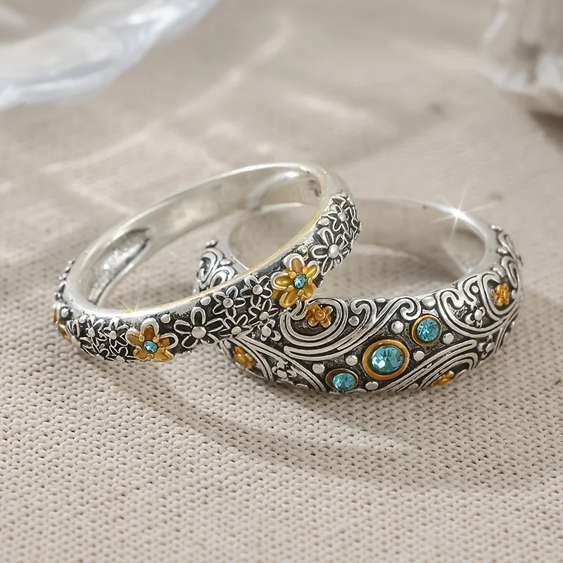 Vintage Multi-layer Texture Flower Inlaid with Sea Blue Synthetic Zirconia Ring for Women's Daily Wear Jewelry Accessories Gifts