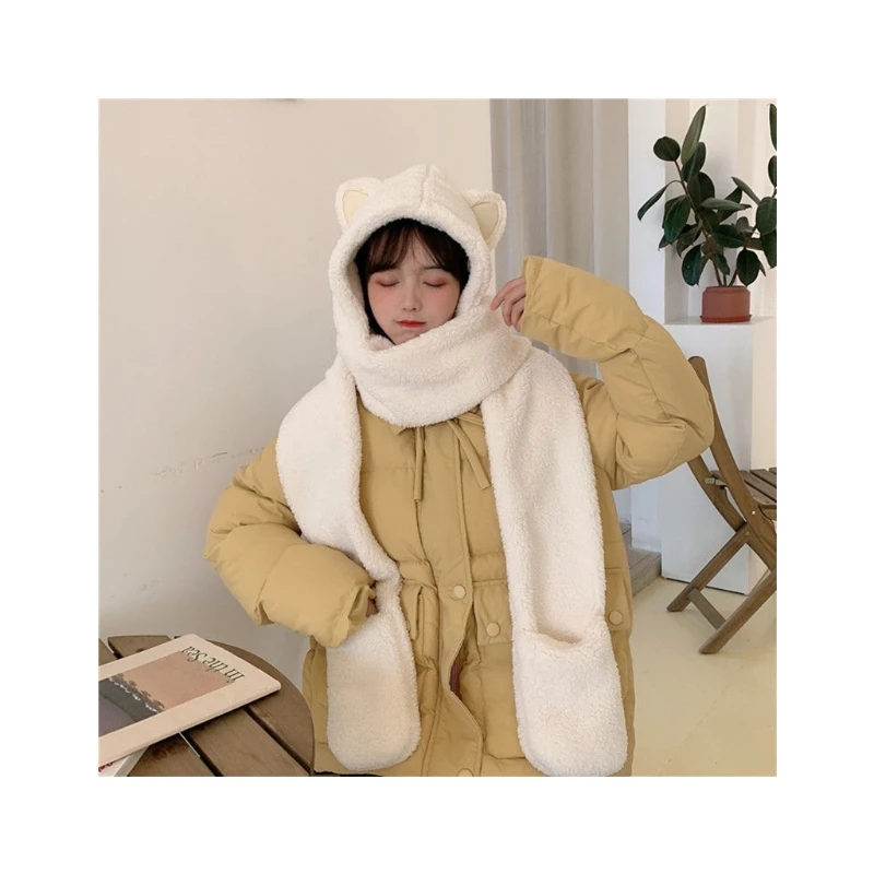 

Women Fluffy Plush Warm 3 In 1 Hooded Scarf Hat Gloves Set Cartoon Ears Winter Windproof Earflap Pocket New Dropship