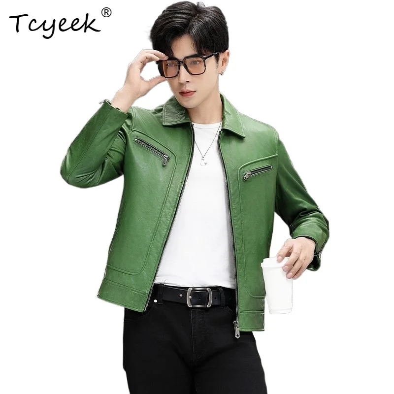 

Tcyeek Натуральная овчина Весна Осень Высококачественная модная зеленая короткая мужская куртка с лацканами Куртка Кожаная Мужская 가죽 자켓