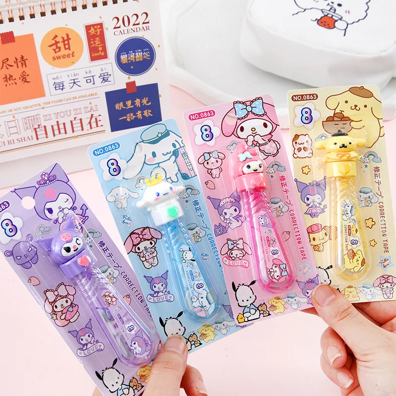 24 buah/lot 5mm x 8M Sanrio Kuromi Melody PomPomPurin Cinnamoroll pita koreksi promosi alat tulis hadiah perlengkapan kantor sekolah