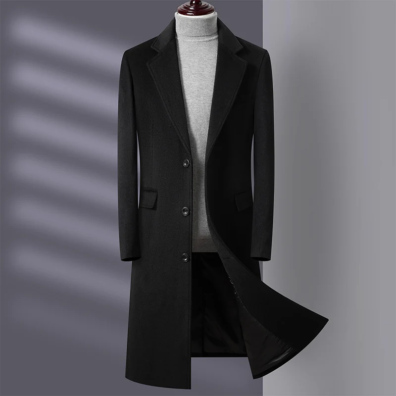 Long Knee Length Men's Woolen Coat 2025 Winter Solid Color Wool Windbreaker Jacket Outwear Business Casual Thicken Warm Overcoat