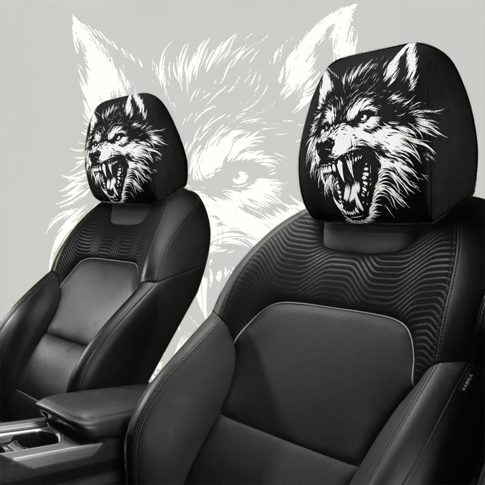 Wild Roaring Wolf Car Headrest Cover Two-Piece Set Dustproof Washable Retractable Festival Gift Interior Parts