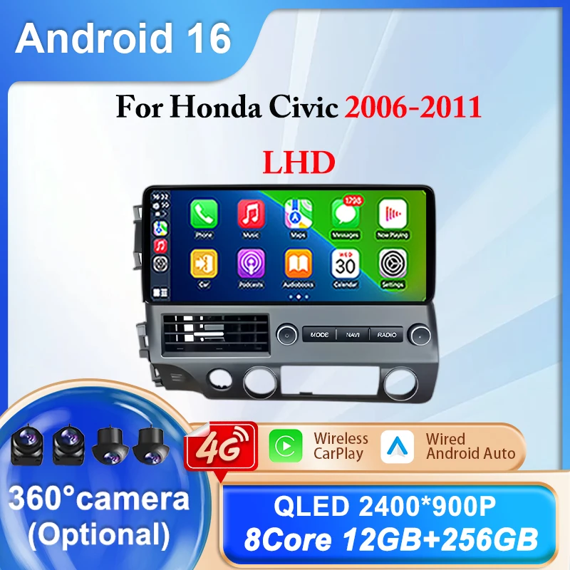 

12,3-дюймовый Android 16 для Honda Civic 2006-2011, GPS-навигация с левым рулем, автомобильное радио, мультимедийный беспроводной сенсорный экран CarPlay