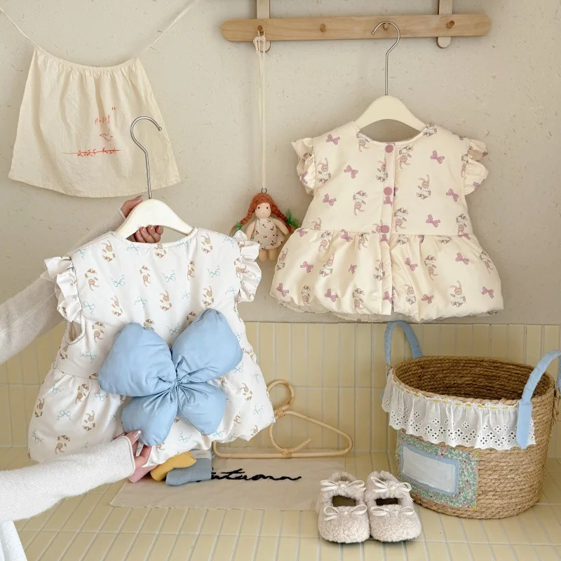 

2025 New Children's Printed Bow Down Cotton Vest Baby Baby Autumn and Winter Thickened Vest