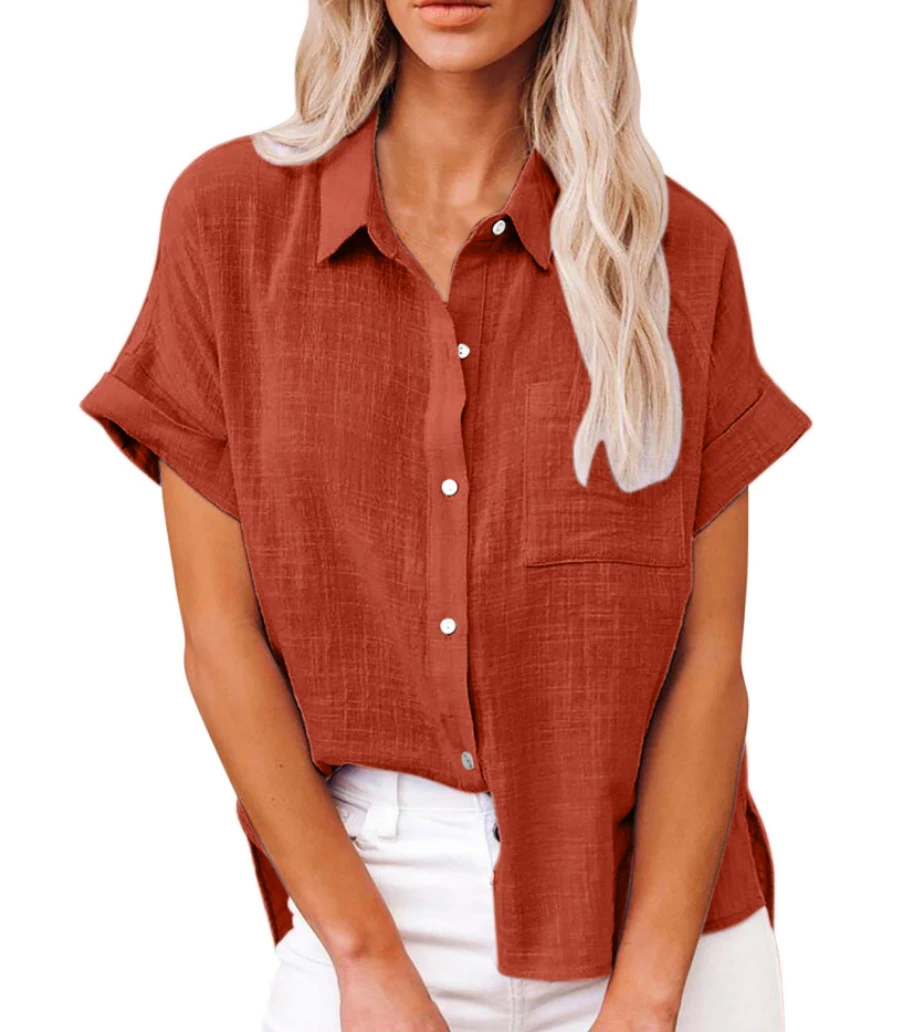 Women Pure Color Linen Shirt Short Sleeve Casual Loose Fit Blouse Fresh Sweet Style Polyester Fabric Available In Multiple Sizes