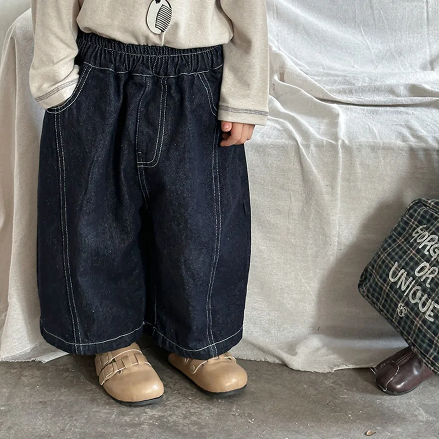 جديد الخريف الاطفال السراويل المستقيمة 1-7Y العصرية نمط الفتيان مرونة الخصر فضفاض السراويل الفتيات طفل عادية Dneim بنطال ذو قصة أرجل واسعة #5