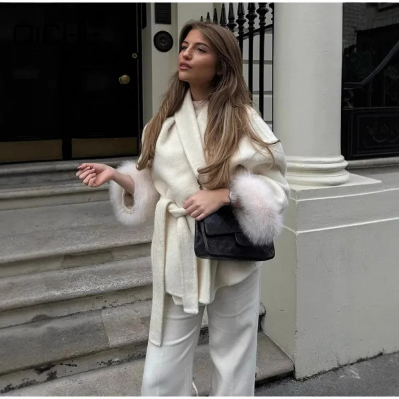 QICHE 2026 Autumn Winter Women Elegant Grey Mid‑Length Woolen Coat Noble Style Warm Fashion Outerwear