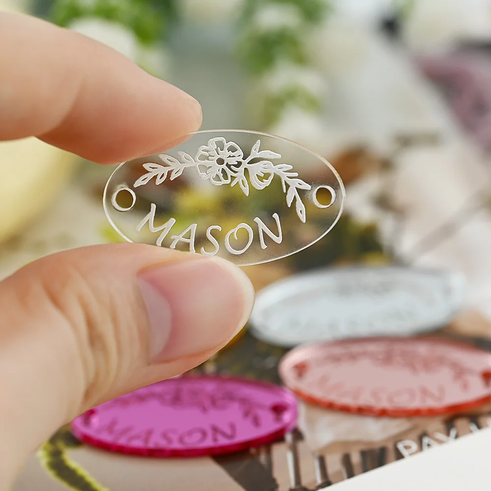 

Custom Oval Mirror Acrylic Tags 18x32mm Laser Engraved Labels for DIY Crafts Clothing Hats Home Decor Personalized Logo