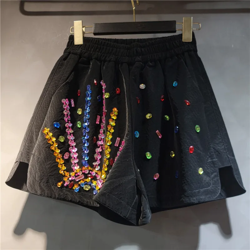 DEAT Women's Shorts Colorful Crystal Sequins Elastic Waist Loose Wide Leg A-line Short Pants 2025 New Fashion Spring 29L8928