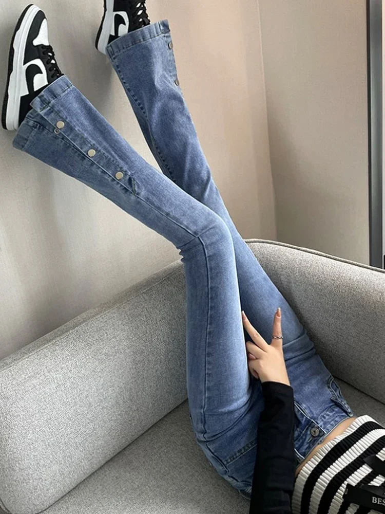 

Flare Denim Pants Summer Fall Women High Waist Split Bodycon Skinny Love Patchwork Streetwear Indie Black Jeans Pants V524