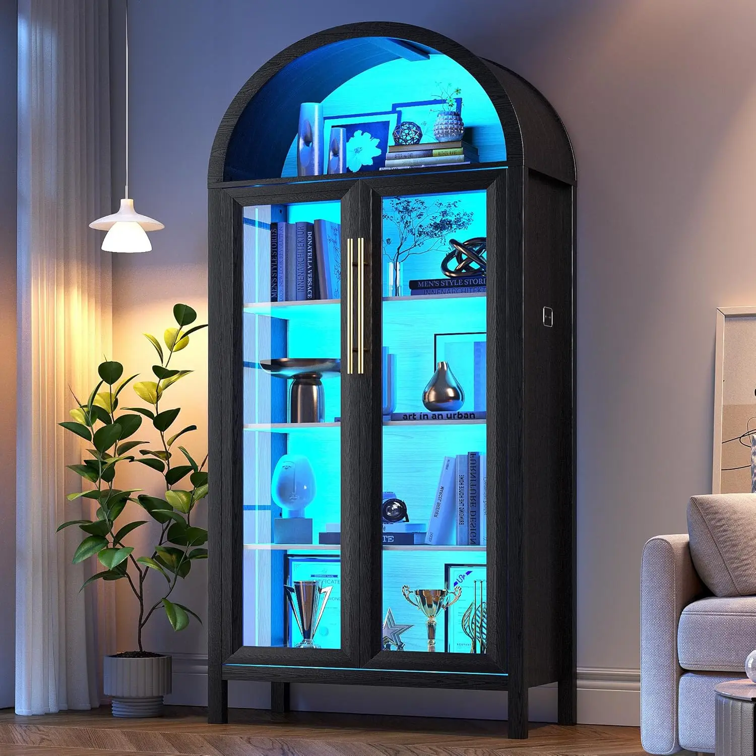 

Display Curio Cabinet with Glass Doors, Arched Bookcase 5-Tier Tall Storage Cabinet for Collectibles, Display Case with 3 Color