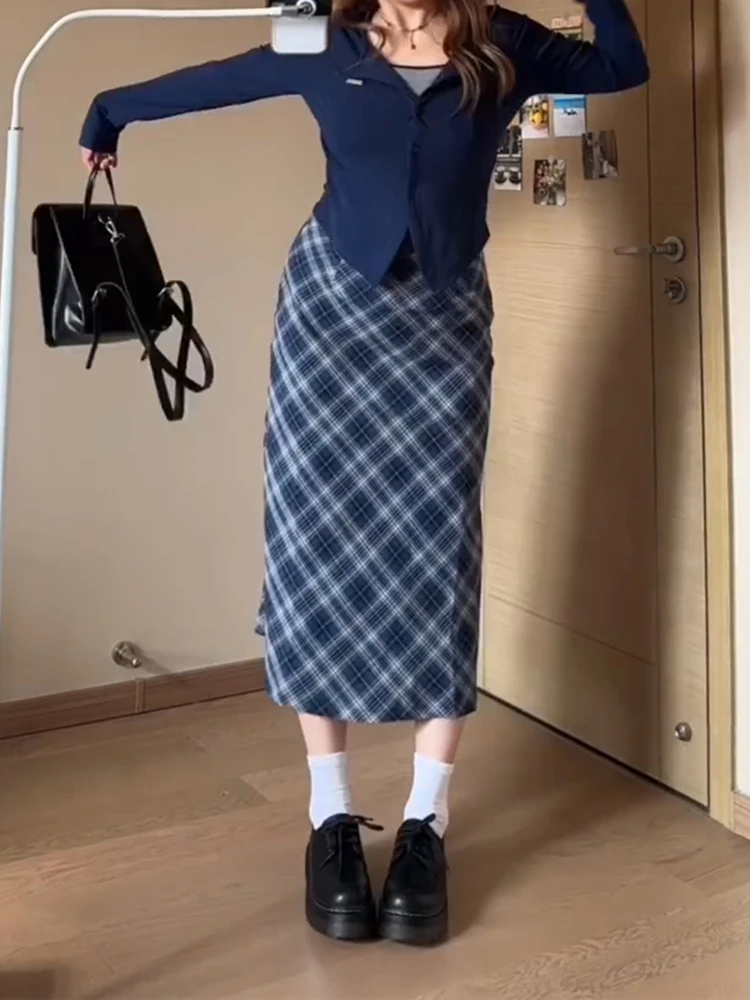 High Waist Plaid Midi Skirt Women's plus Size Conceal Meat Slim Pear ape A-Line Skirt Korean Sle Commute Pattern