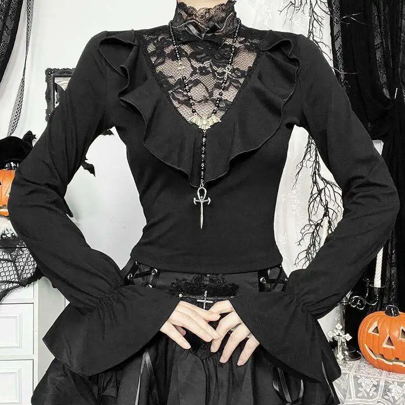 

Large Size Women's Goth Black Vampire Lace Splicing Top Ruffle Edge Sexy Waist Spice T-Shirt