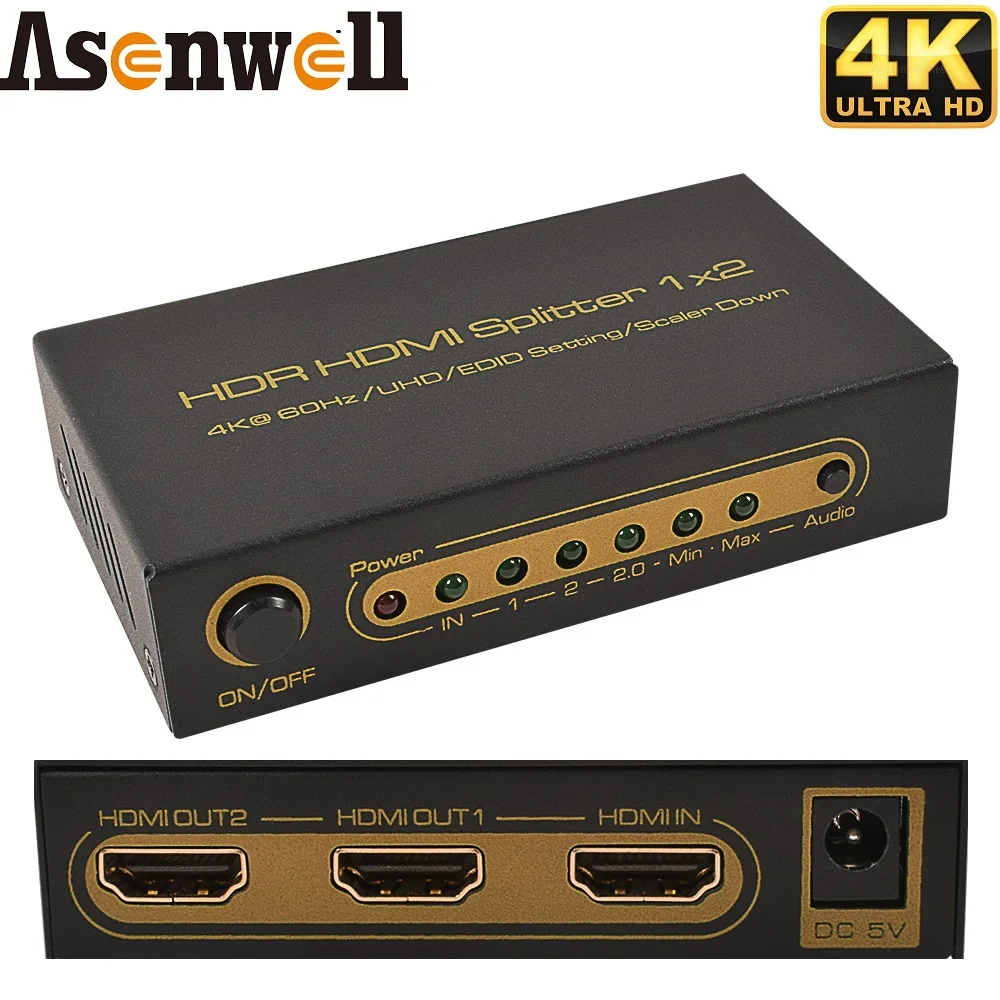 

HDMI сплиттер 4K @ 60 Гц 1x2 HDMI-совместимый сплиттер 1 в 2 Выход HDCP2.2 UHD HDR сплитер вниз HDMI 2,0 4:4:4 18 Гбит/с Функция каскада