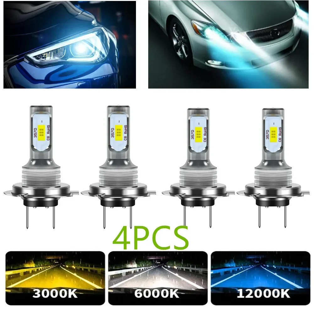 4 PCS H7 LED Headlight Bulbs High Low Beam3000K 6000K Super White Lights Car Fog Lights Auto DRL 3570 CSP Chips 12V 24V 80W 