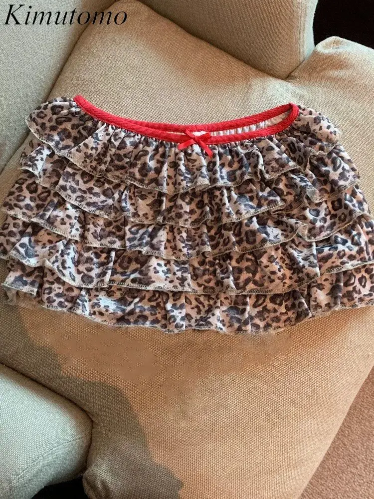 

Kimutomo Mini Skirts Women Vintage Leopard Printed Elegant Bow Sexy Fashion Y2k Aesthetic Harajuku Skirt Ladies Casual