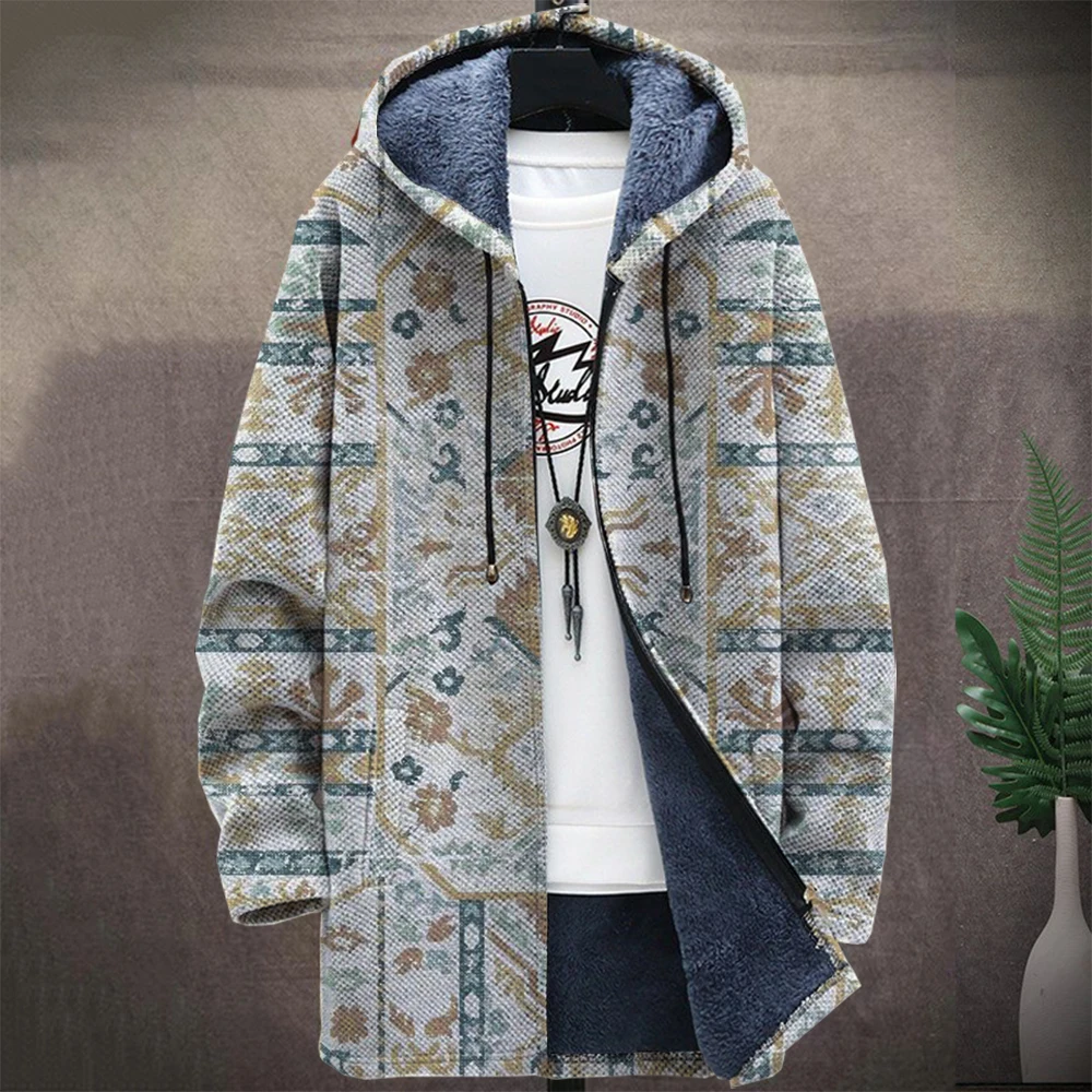 Men'S Native Retro Block Graphic Winter Coat Print Pattern Knitted Sweater Cardigan Zipper Hooded Thick Fleece For Youth