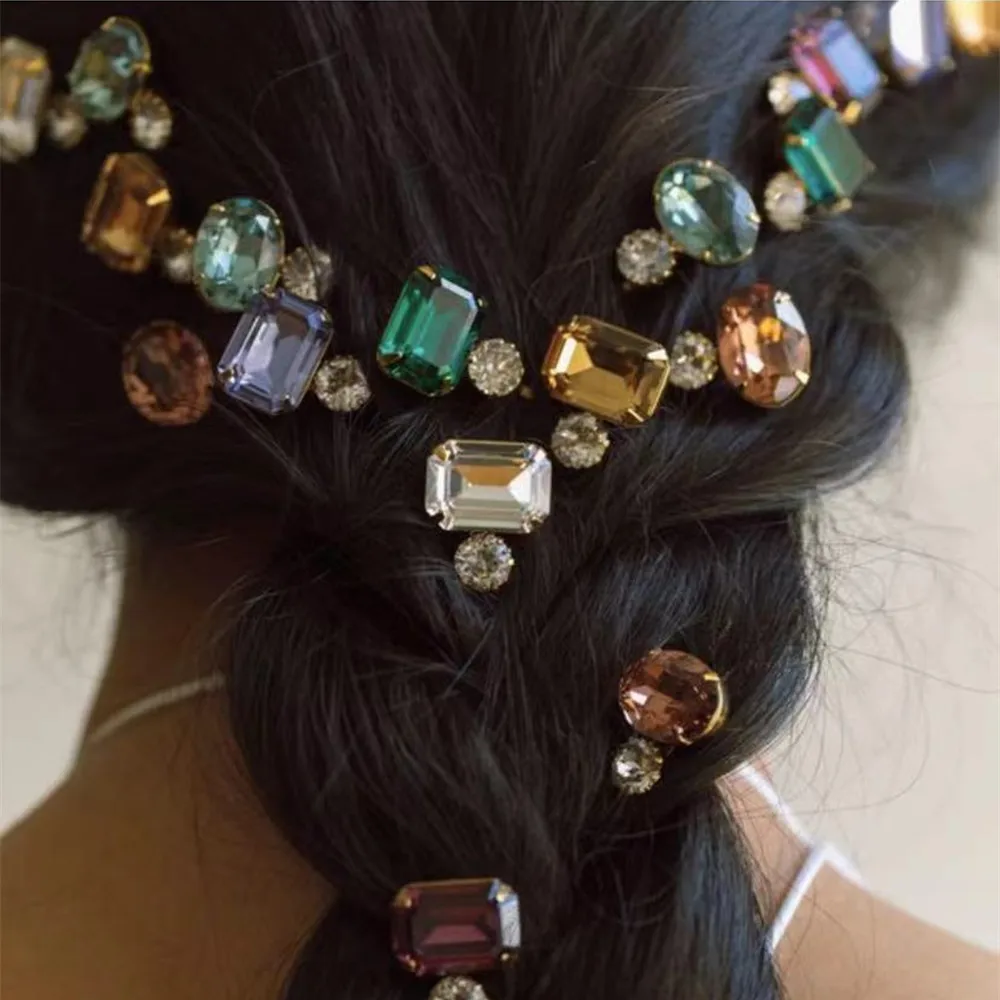 Luxury Crystal Square Gemstone Braided Hairpins Barrettes Hair Jewelry for Women Shiny Rhinestone Geometric Hair Clips Headwear