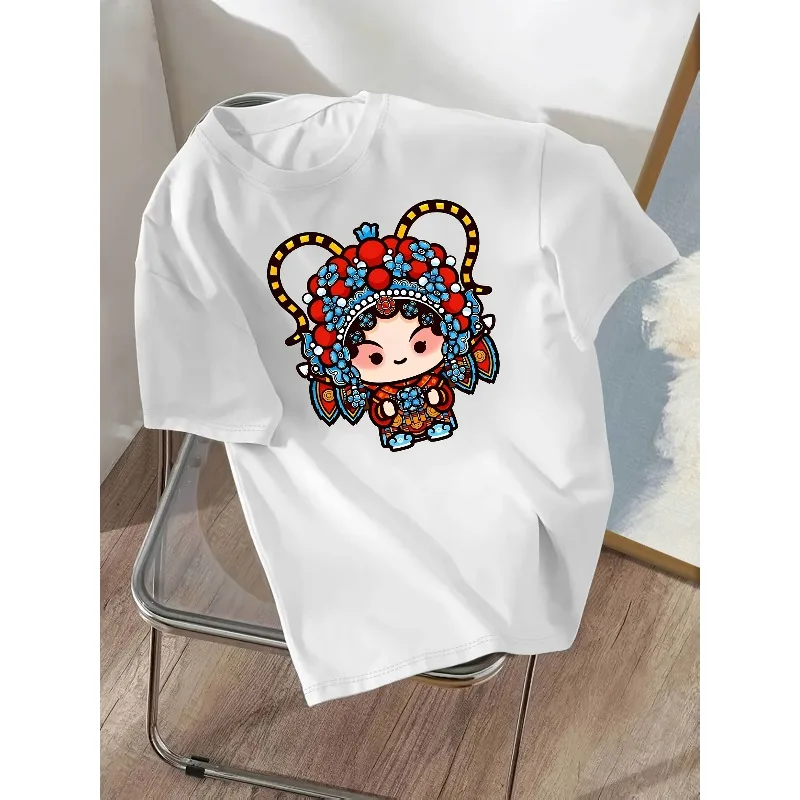 Lässiges Damen-T-Shirt mit lebendigem Peking-Oper-Masken-Aufdruck, weiches Rundhals-Design, ganzjährig bequemes und lustiges Muster-Oberteil