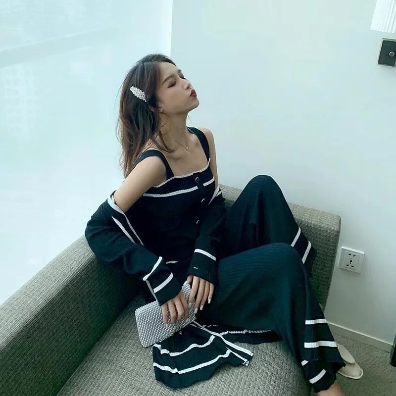 Fashion Contrast Stripe Trims Lapel Cardigan Pocket Top+high-waisted Ankle-length Pants Knitting 2-piece Suit Female Sports Sets