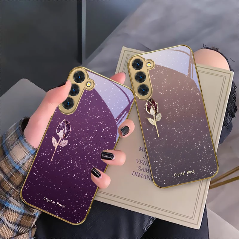 وردة كريستال رائعة لهاتف سامسونج جالاكسي S20 FE S21 S22 S23 Plus S24 Ultra 25Ultra S21 + S9 + S22Plus حافظة هاتف زجاجية ذهبية