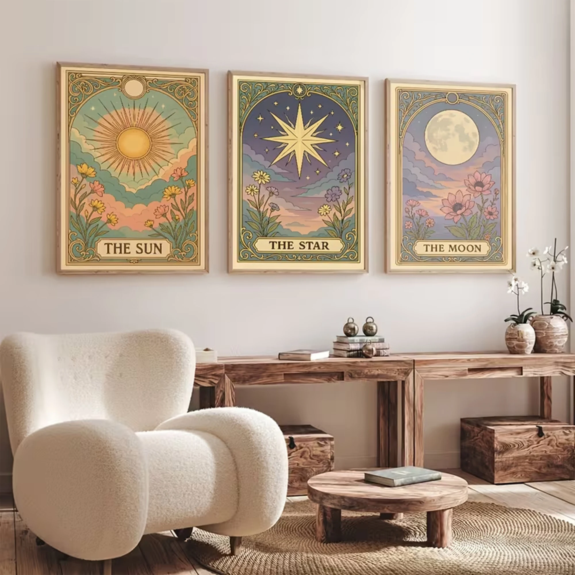 モダンなボヘミアン調のタロットカード「太陽、星、月」の壁掛け - Interior Design Living Room のレビューと価格