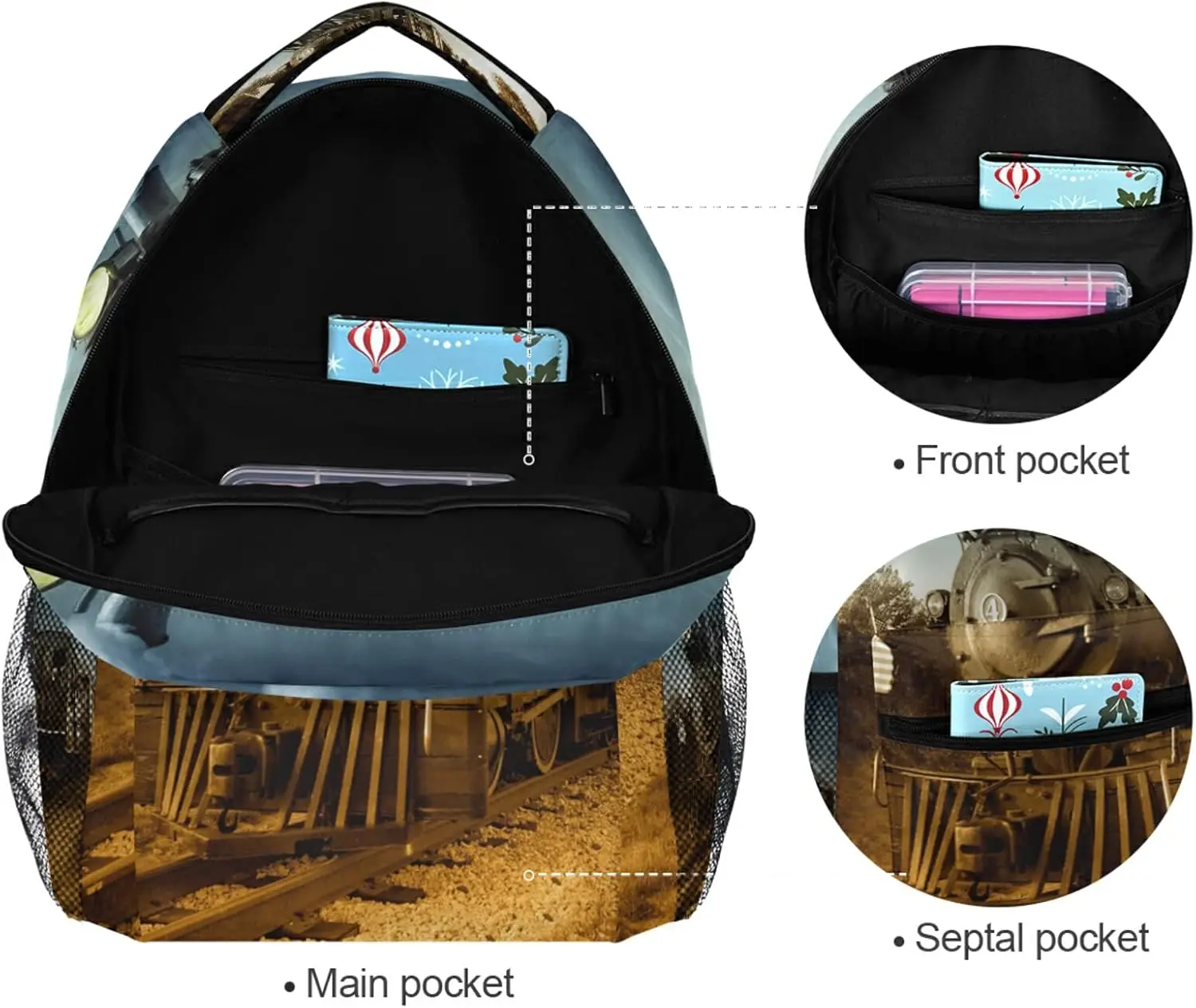 ヴィンテージエンジントレインスクールバックパック子供男の子用、クールトレインラップトップバックパック学生カレッジスクールバッグブックバッグ