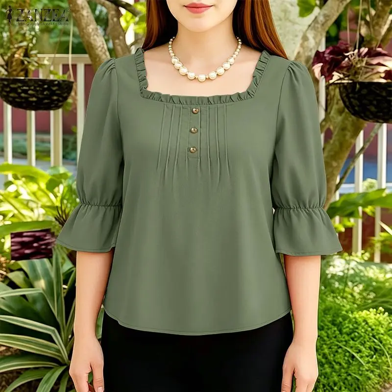 

2026 ZANZEA Women Summer Blouse Stylish Elegant Ruffled Work Shirt Square Neck 3/4 Sleeve Tops Causal Solid Color Blusas Mujer