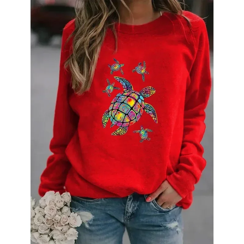 Turtle Pattern Printed Long-sleeved Hoodie for Women, Crew-Neck Sweatshirt, Aesthetic Tops, Streetwear Clothes, New