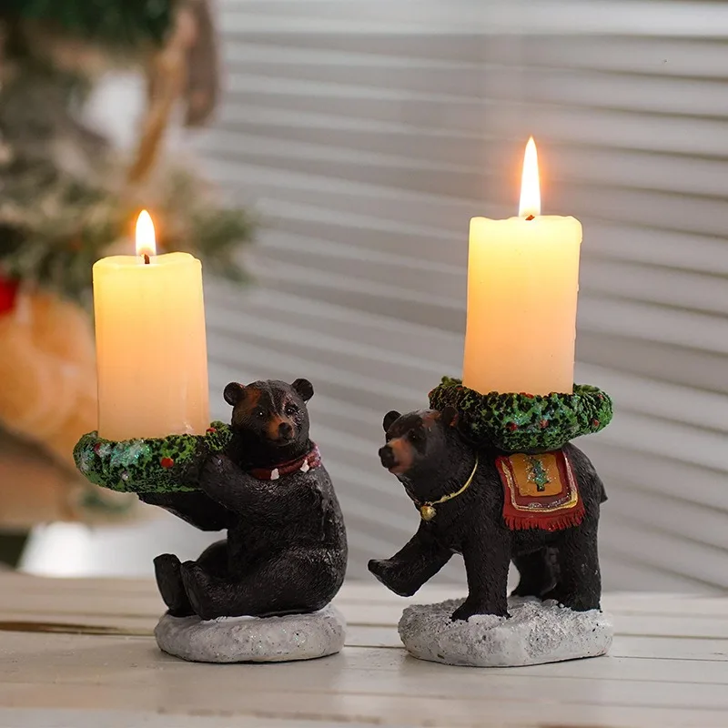 Black Bear Candle Holder 3D Cute Little Bear Candlestick Holder Retro Sculpture Votive Figurine Craft Ornament Candle Stand Gift