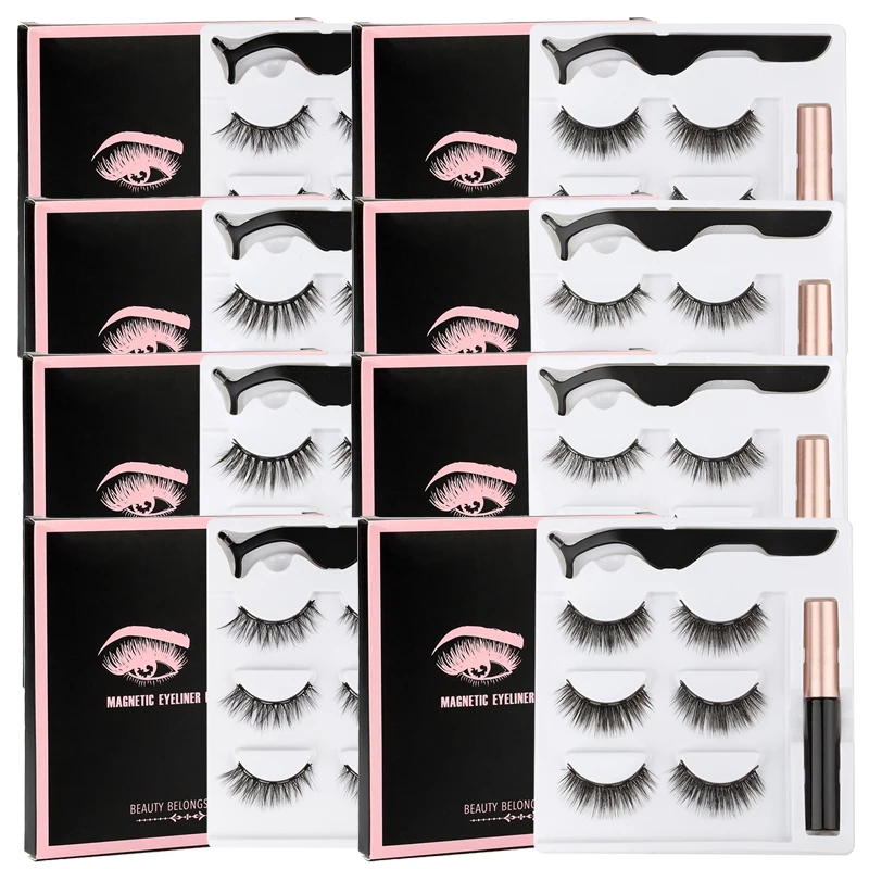 Hot Magnetic Eyelashes Kit 1/3/4Pairs False Eyelashes Repeated Use Mink Lash Makeup Set Waterproof Liquid Eyeliner Tweezers Tool