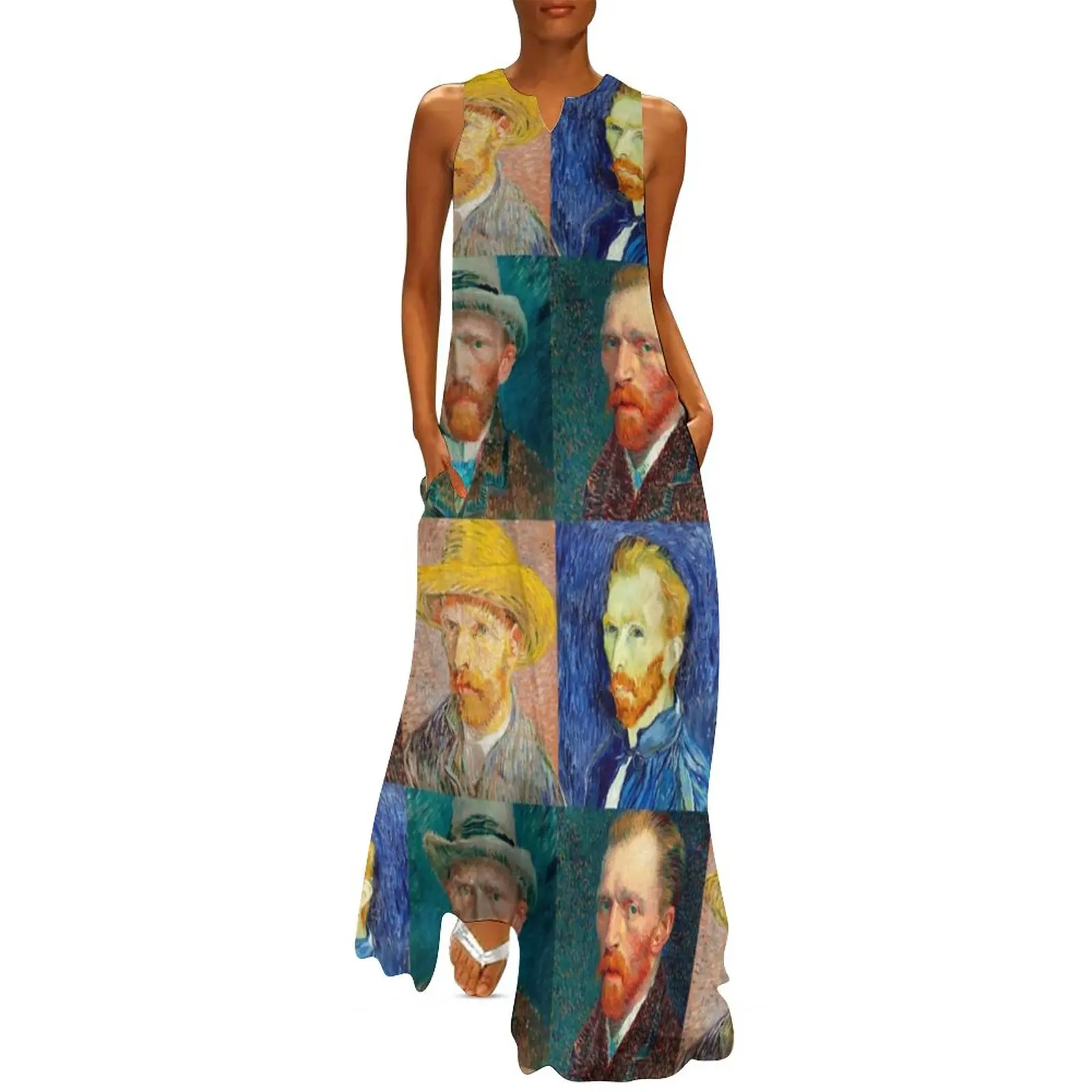 Van Gogh Dress Self-Portrait Collage Trendy Maxi Dress Aesthetic Casual Long Dresses Female Sleeveless Printed Oversized Vestido